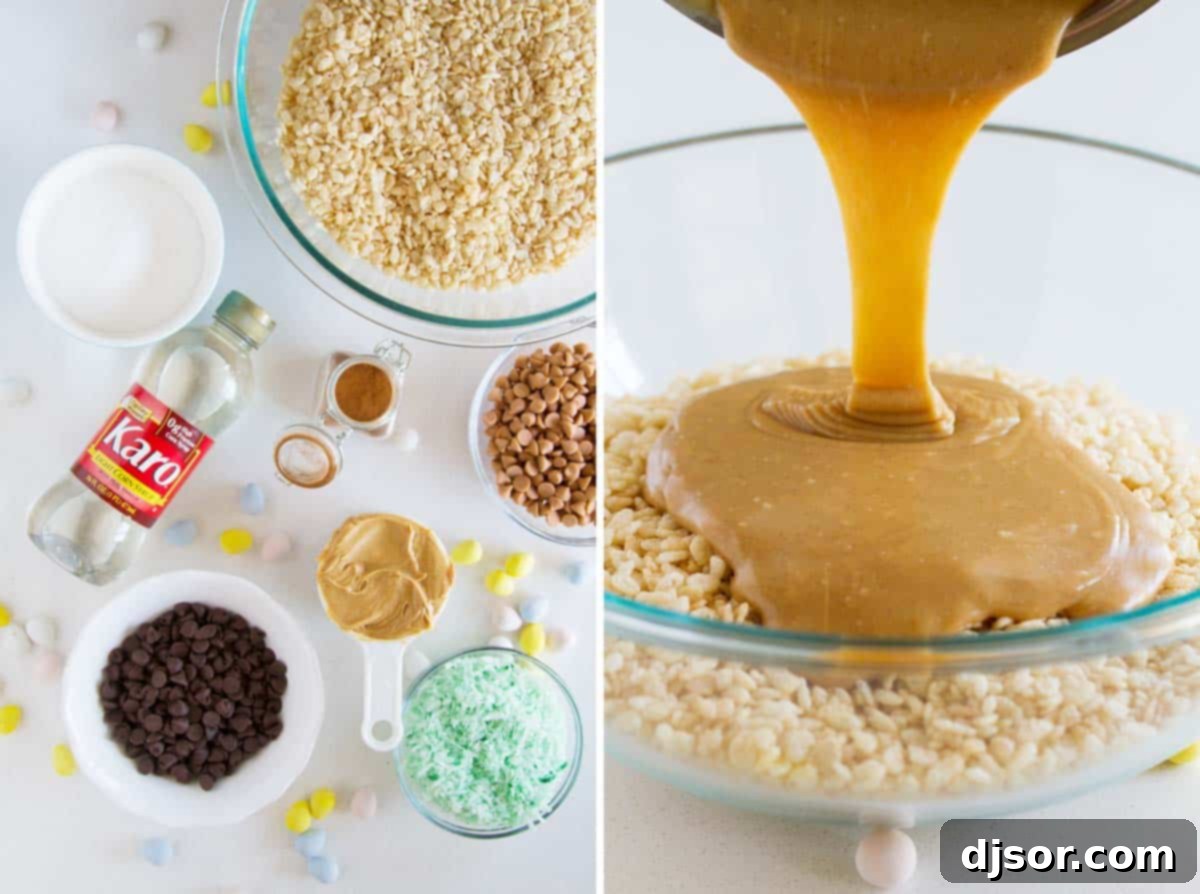 Ingredients for making Easter Basket Scotcheroos laid out, alongside a pan with the initial scotcheroo base mixture being prepared.