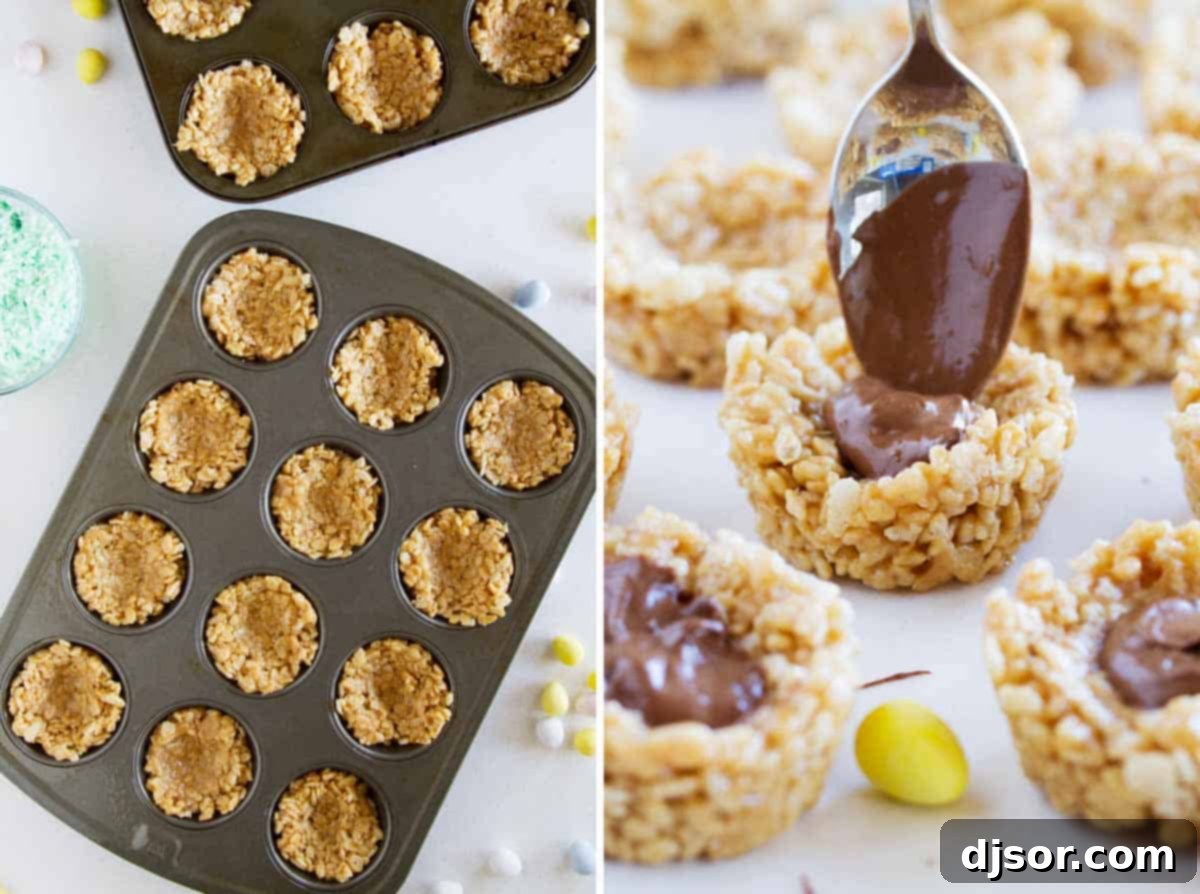 A close-up view of the process of making Easter Basket Scotcheroos, showing the cereal mixture pressed into muffin tins to form the basket shape.
