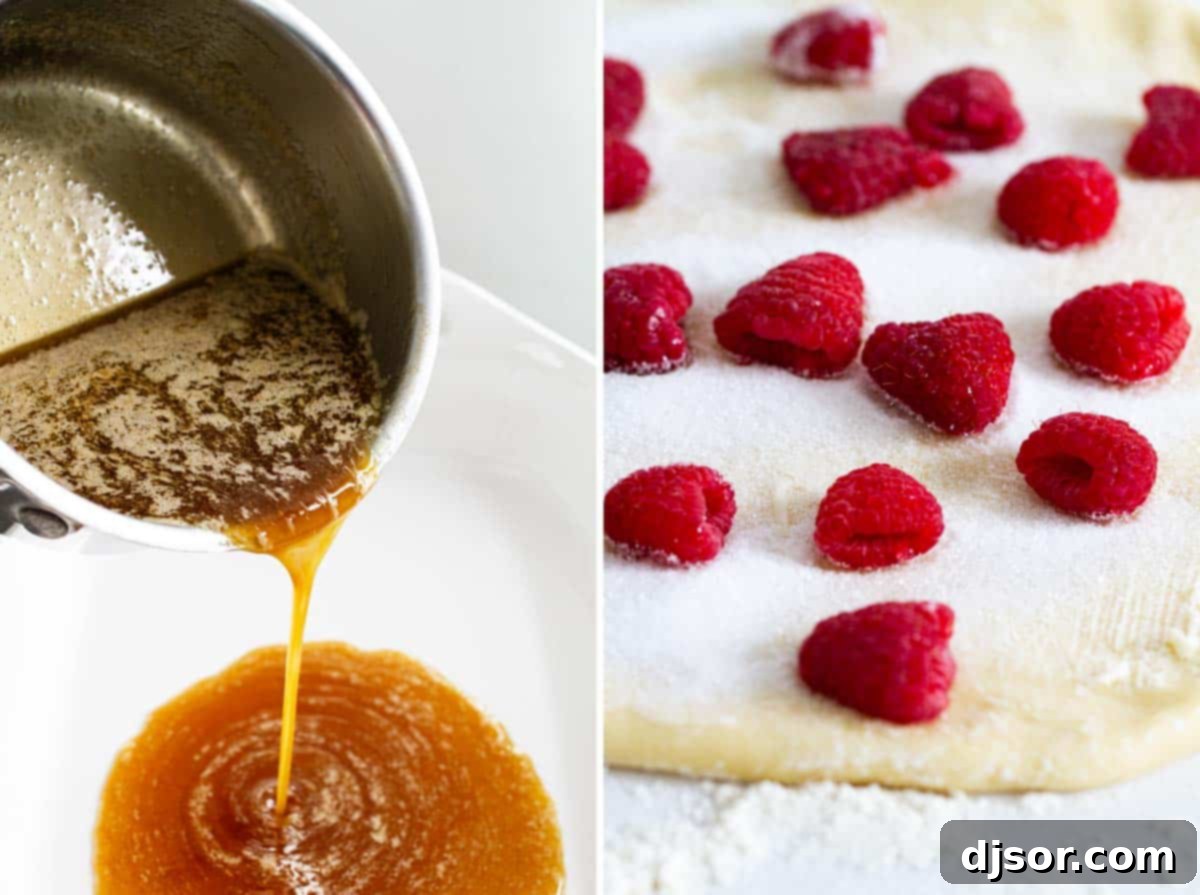 Gooey caramel being poured into a baking dish, with fresh raspberries waiting to be added for the sticky bun topping.