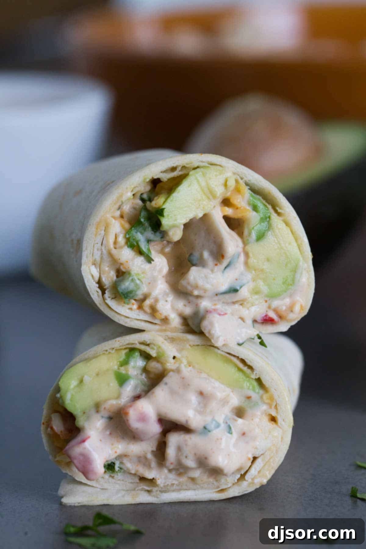Tex-Mex chicken salad wrap cut in half and stacked.