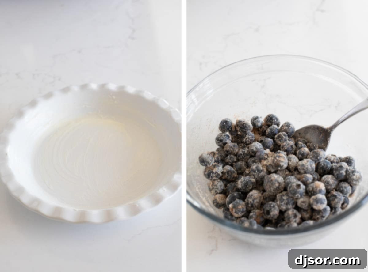 Hands preparing a baking dish and mixing blueberries for a fresh blueberry crisp.