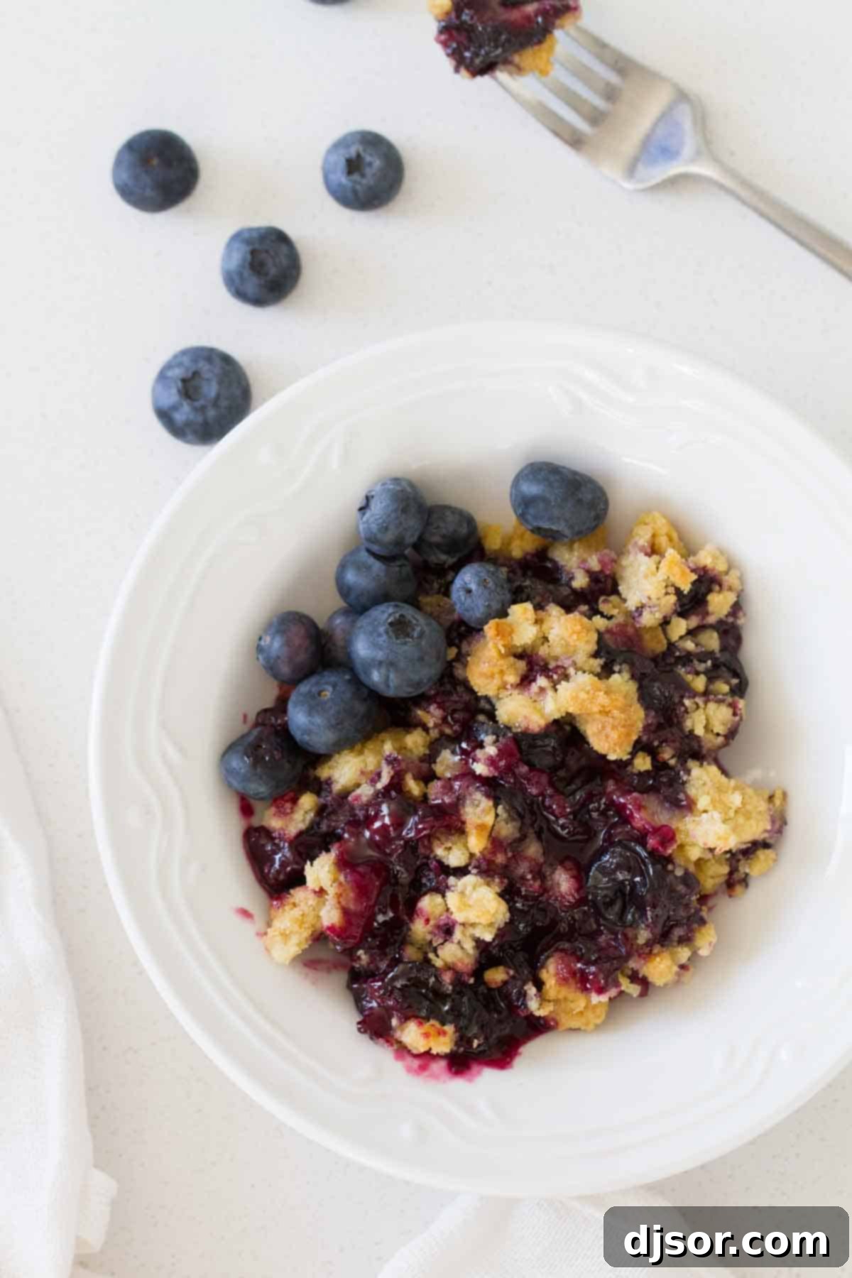 A bowl of warm blueberry crisp topped with a scoop of vanilla ice cream and fresh blueberries on the side.