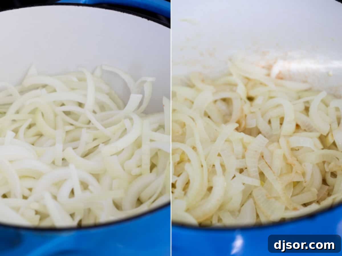 Sliced yellow onions beginning to soften in a Dutch oven with butter and olive oil, a crucial first step in caramelizing onions for French Onion Soup