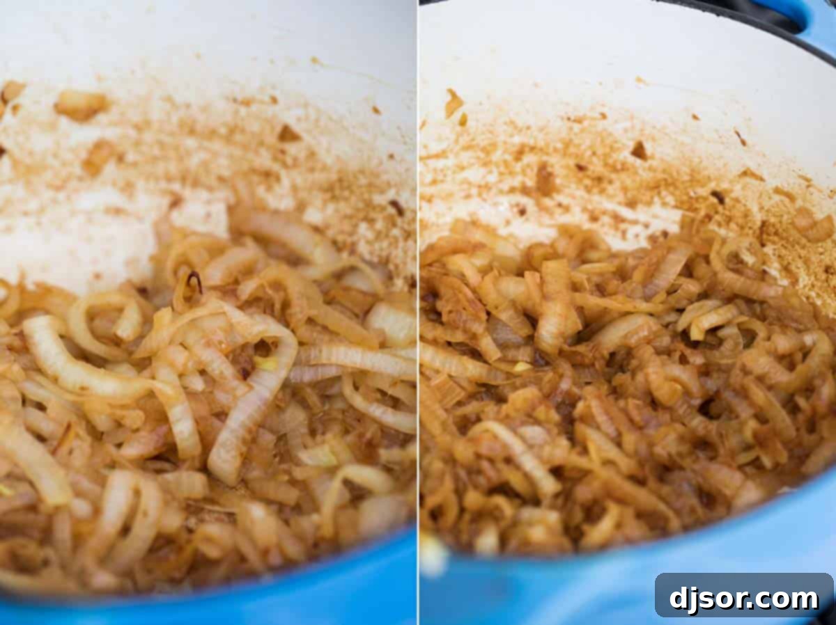 Yellow onions slowly caramelizing to a golden brown in a soup pot, demonstrating the patient cooking process for rich flavor