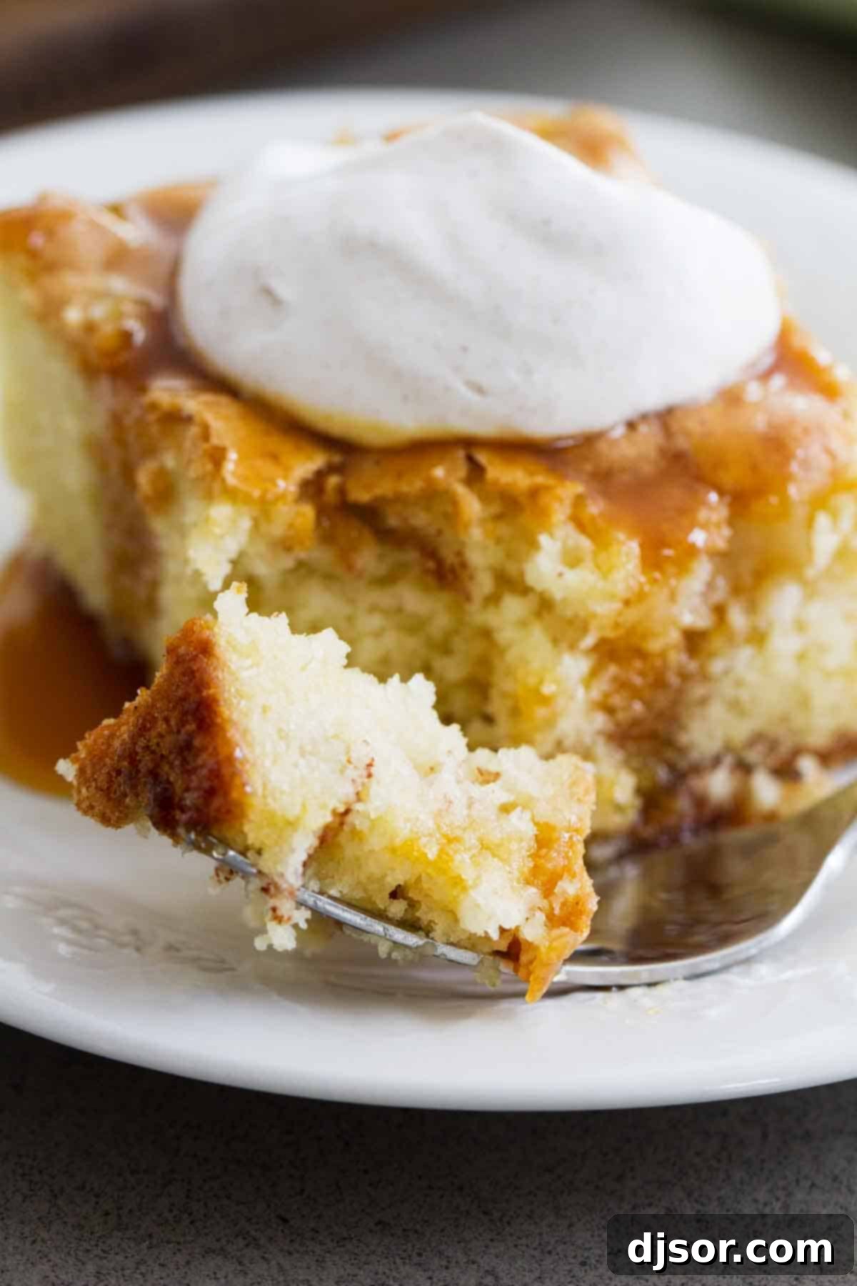 A close-up of a fork piercing a slice of Apple Cinnamon Cake, revealing its moist interior, chunks of tender apple, and the delightful cinnamon sugar swirl.