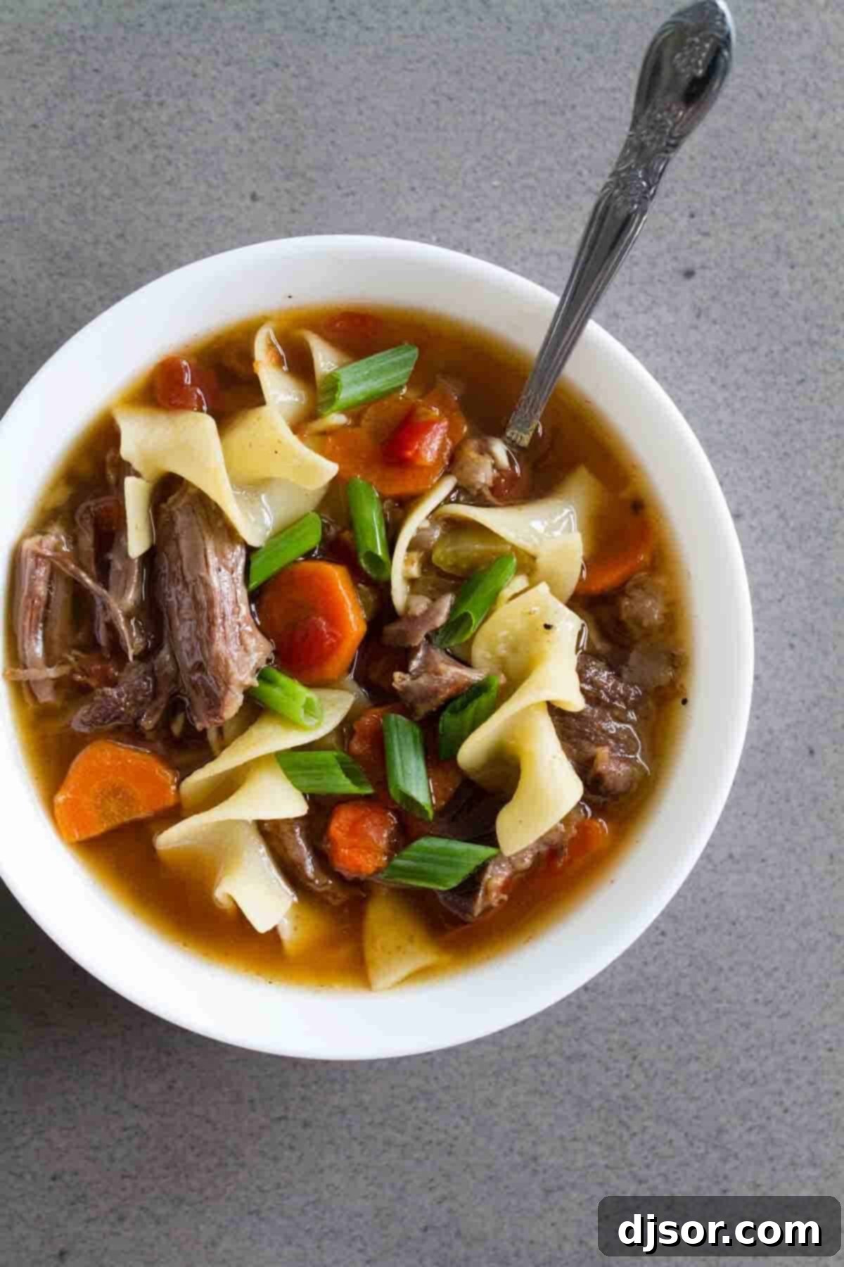 Slow Cooker Beef Noodle Soup: Tender Beef, Rich Broth, and Hearty Noodles A hearty bowl of Slow Cooker Beef Noodle Soup, brimming with tender beef, vibrant vegetables, and rich broth, perfect for a cozy meal.
