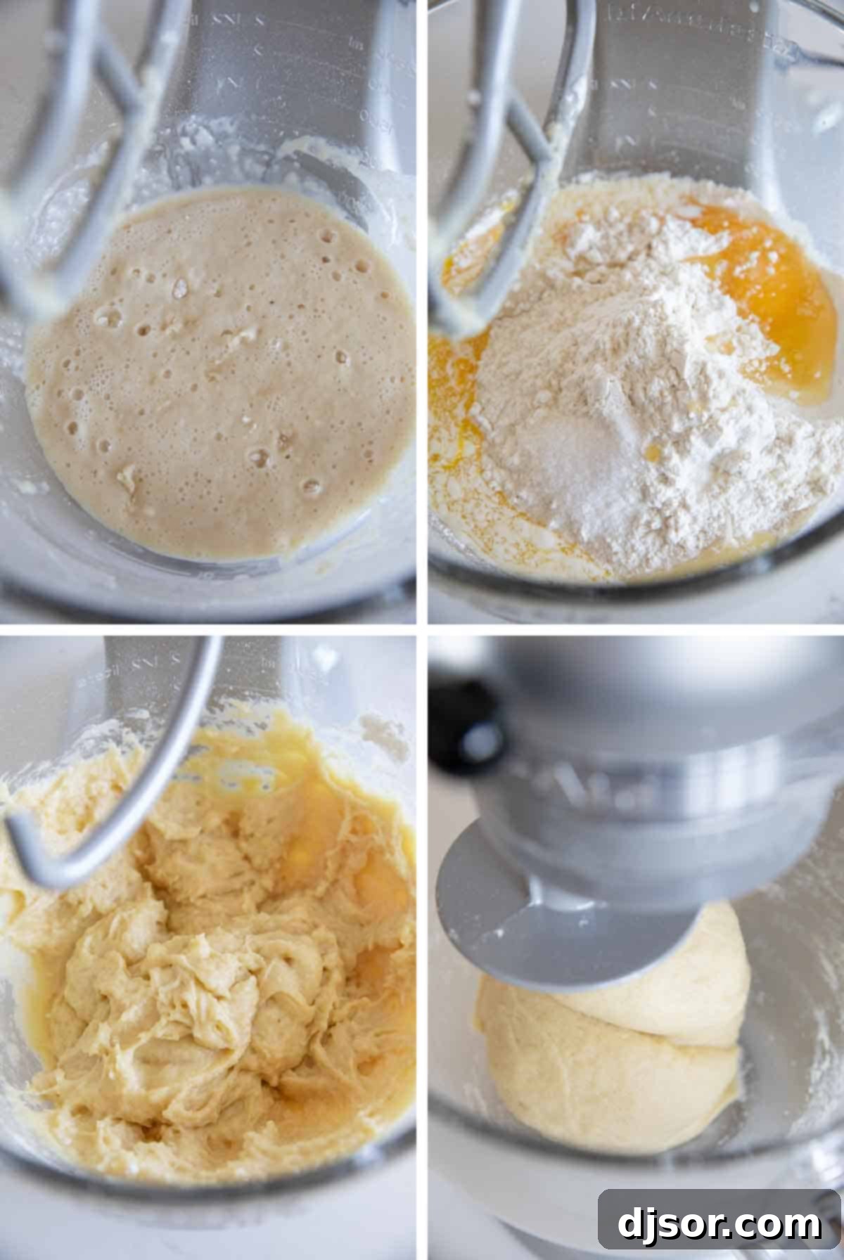 Making the Enriched Kolache Dough Step-by-step photos showing how to make the Kolache dough: combining ingredients, kneading, and rising.
