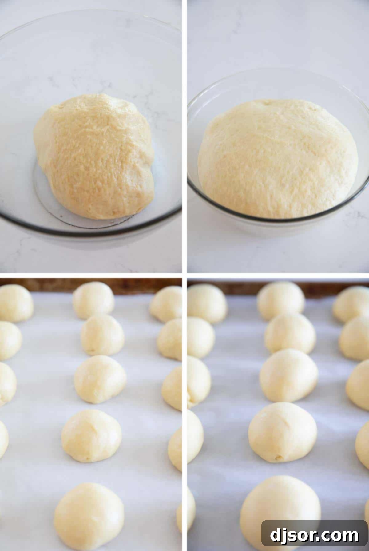Rising and Shaping Kolache Dough Kolache dough rising in a bowl and then shaped into individual balls on a baking sheet.