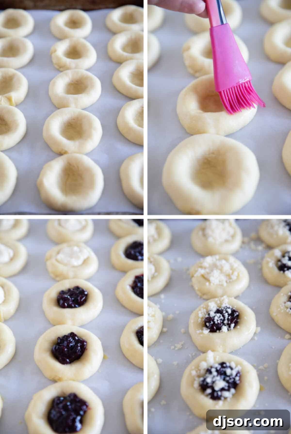 Shaping and Filling Homemade Kolaches Process of shaping Kolaches by creating wells and adding fillings.