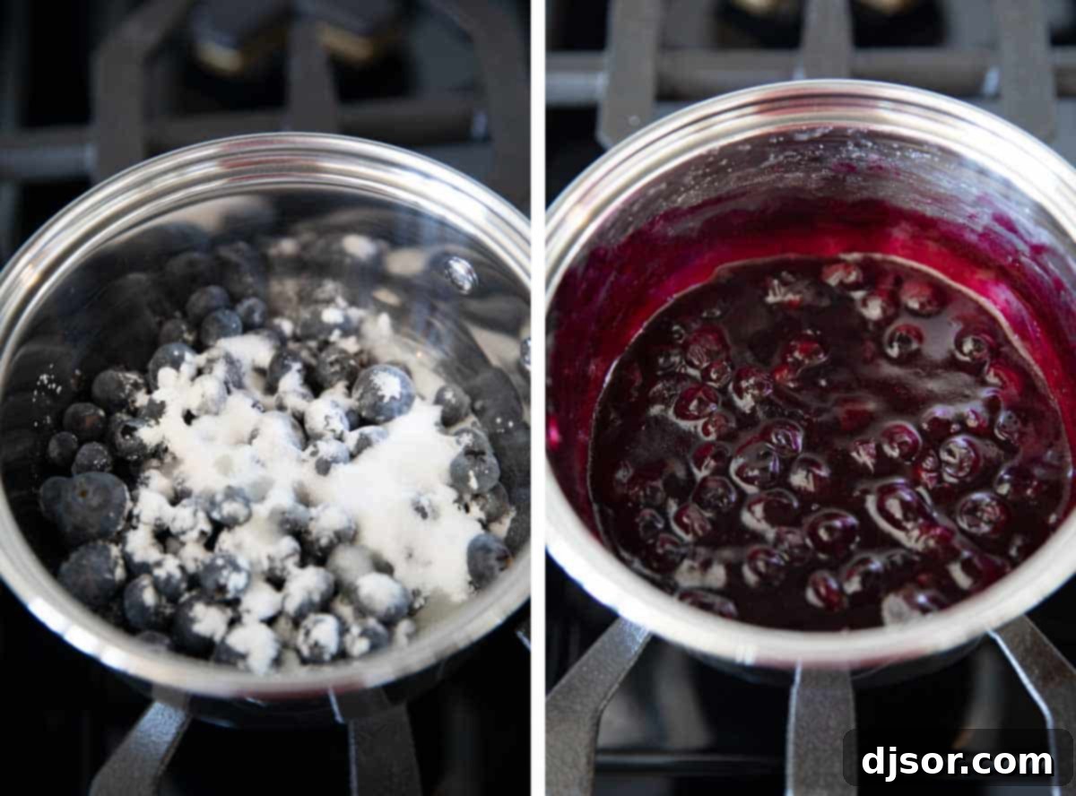 Homemade Blueberry Filling for Kolaches Making blueberry filling for kolaches in a small saucepan.