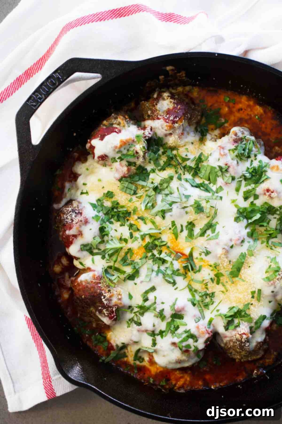 One-Pan Parmesan Meatball Dinner 2 Parmesan Meatball skillet topped with mozzarella cheese.