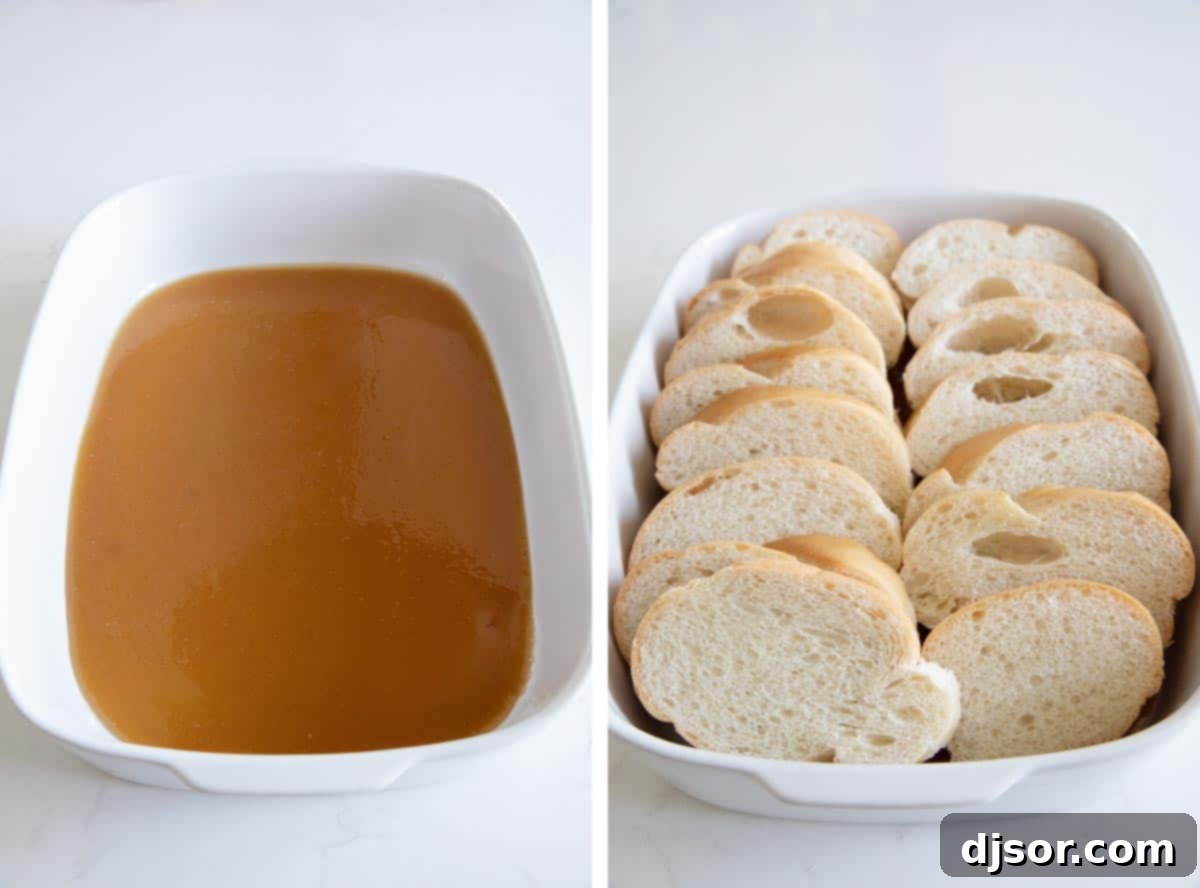 First step in making Creme Brulee French Toast: The luscious caramel base is poured into the dish, ready for the bread. Caramel layer in bottom of casserole dish and topping with sliced French bread.