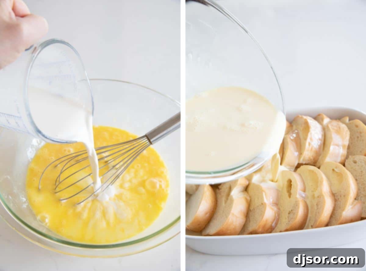 Custard poured over bread for Creme Brulee French Toast, ready for its overnight soak. Mixing custard mixture for French toast and pouring over bread.