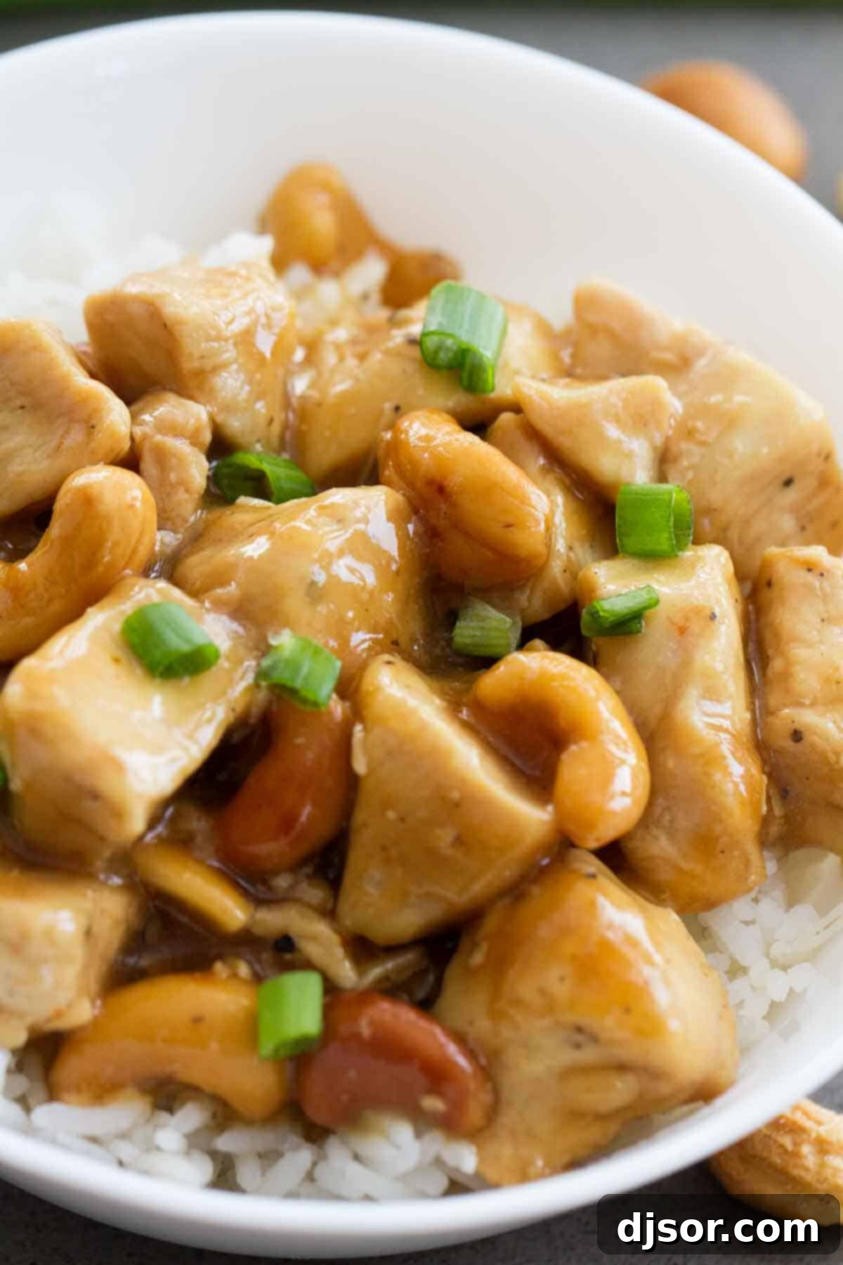 close up view of cashew chicken over rice