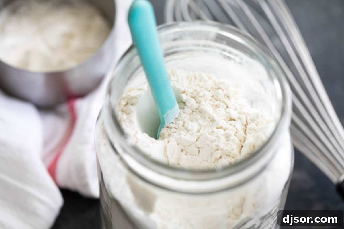 Easy Homemade Pancake Mix: Your Secret to Quick, Fluffy Breakfasts Jar of homemade pancake mix with a blue spoon, ready for easy breakfasts