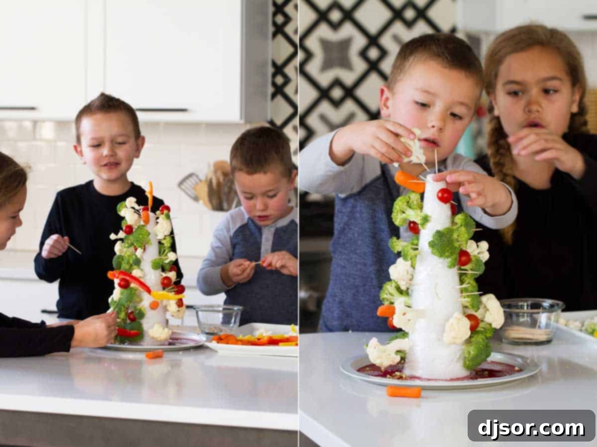 Festive Veggie Trees with Savory Bacon Chive Ranch Dip 4 Detailed shot of a Christmas tree made with various colorful vegetables, ready for dipping in Bacon Chive Ranch Dip.