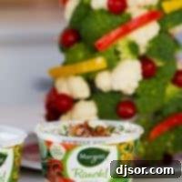 Festive Veggie Trees with Savory Bacon Chive Ranch Dip 8 Bacon Chive Ranch Dip in front of a Veggie Christmas Tree.