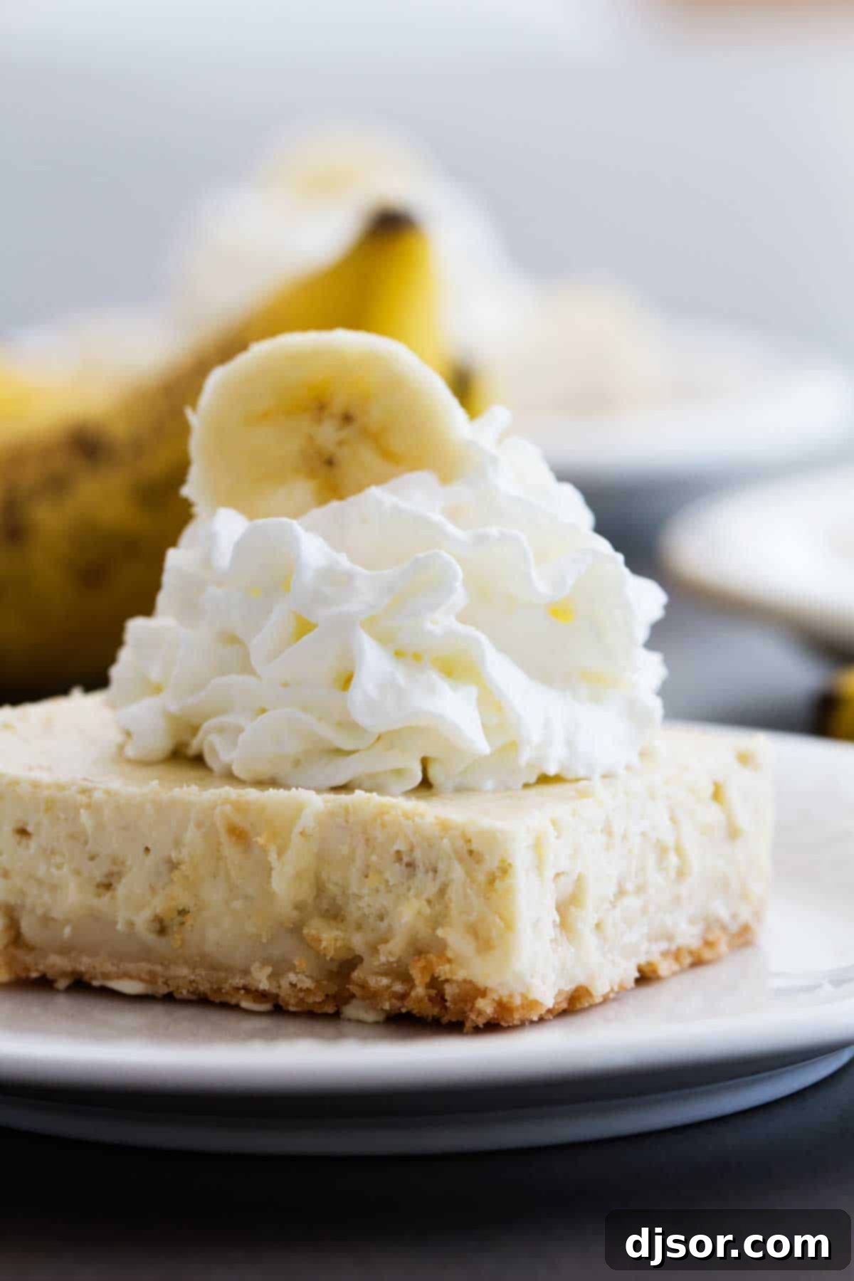 Decadent Banana Cheesecake Cookie Bars topped with freshly whipped cream and a delicate banana slice.