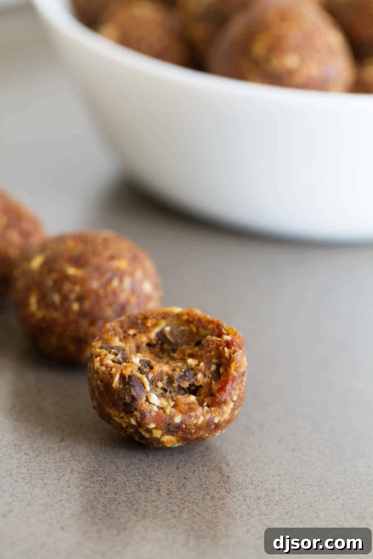 Peanut Butter Chocolate Energy Balls with visible chocolate chips, a close-up.