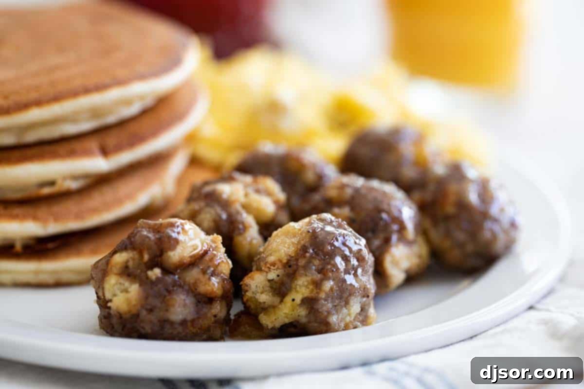 Savory Breakfast Sausage Bites 2 plate of Breakfast Sausage Meatballs with pancakes