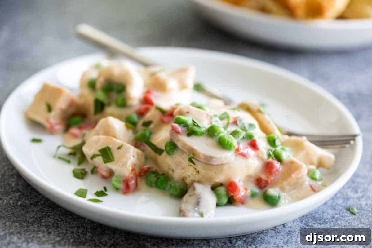 Quick & Easy Chicken a la King Recipe - 30 Minute Comfort Food Creamy Chicken a la King served on a white plate with a fork, garnished with fresh herbs, alongside golden biscuits.