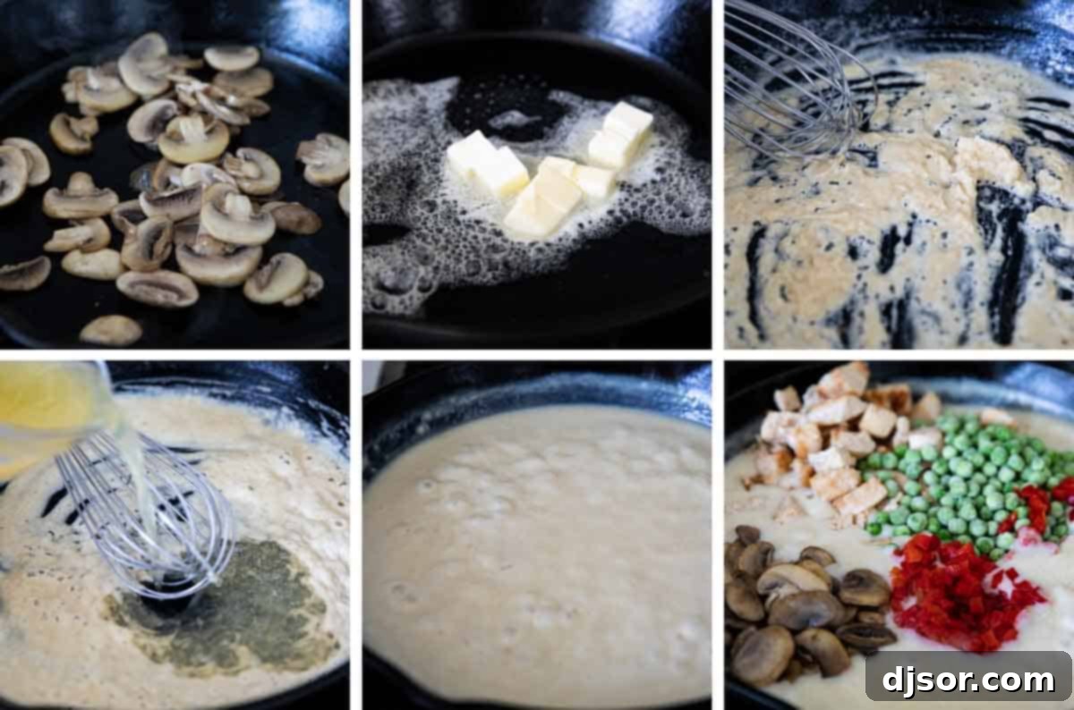 How to Prepare 30-Minute Chicken a la King Step-by-step cooking process images for making Chicken a la King, showing sautéed mushrooms, sauce thickening, and ingredients combined in a skillet.