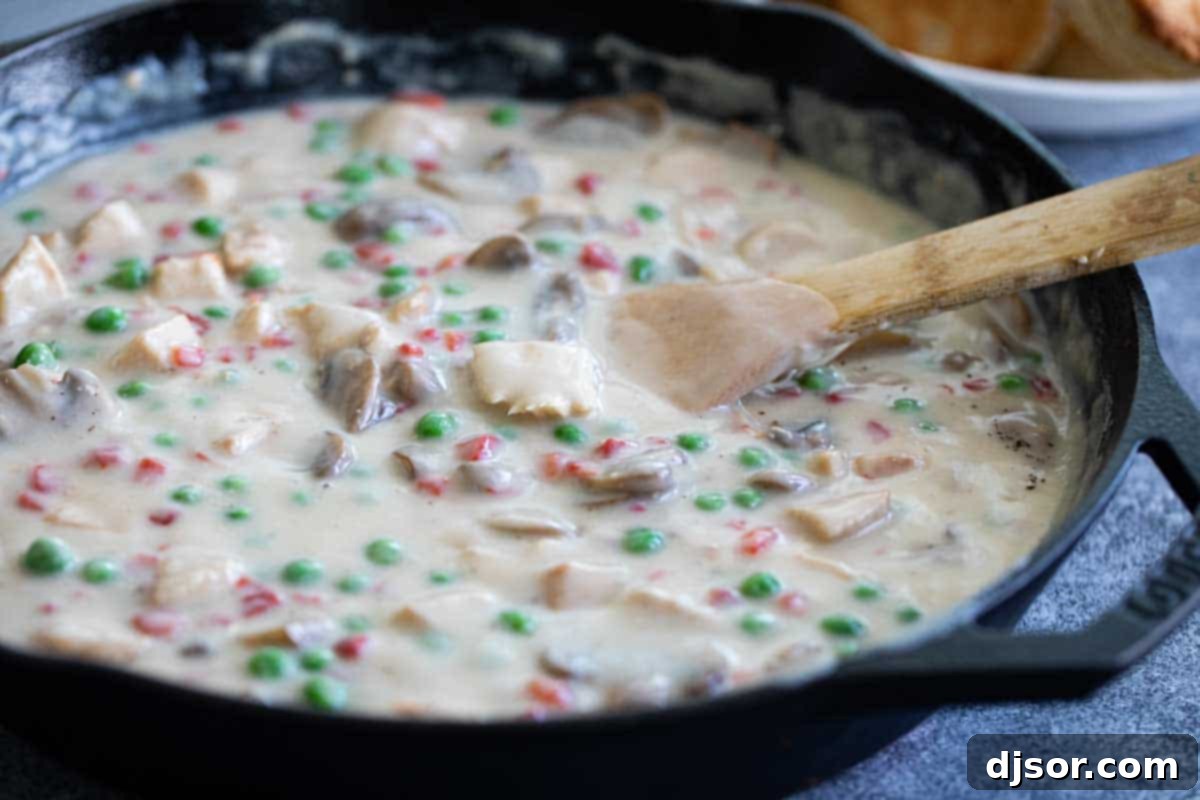 Perfectly Simmered Chicken a la King Gravy A cast iron skillet filled with simmering, creamy chicken gravy, ready to be served.