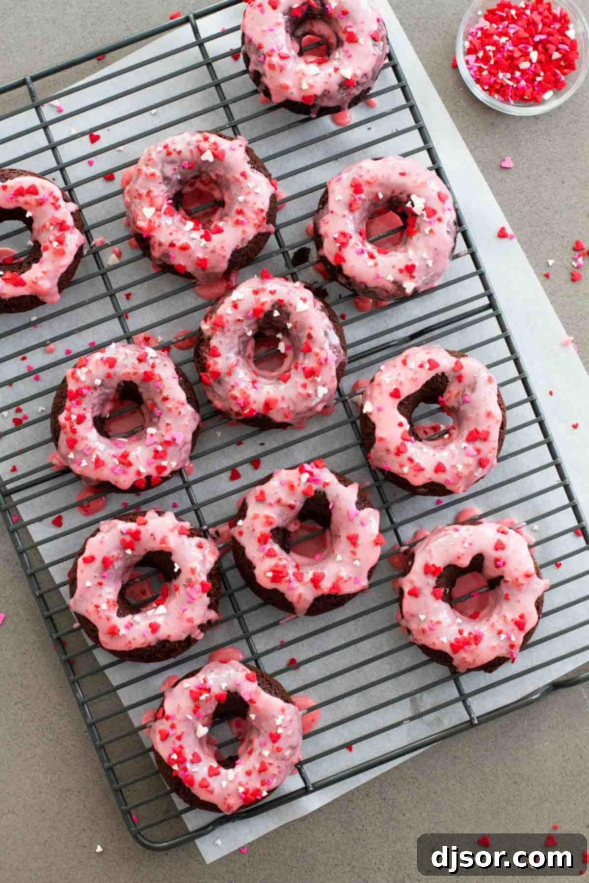 Overhead view of Baked Chocolate Donuts with Cherry Glaze