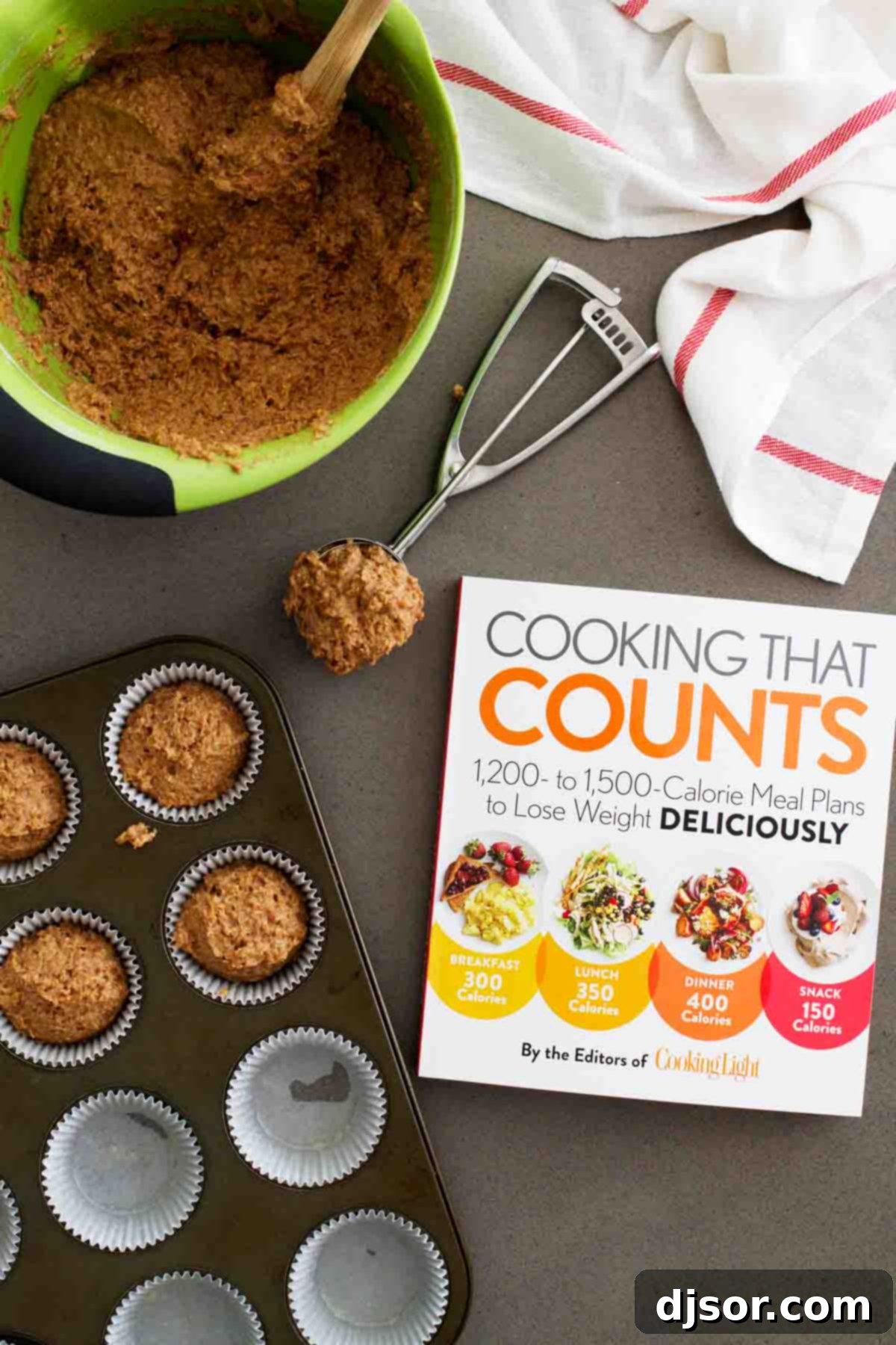 Cooking That Counts cookbook next to a batch of freshly baked Whole Wheat Bran Muffins, highlighting healthy eating resources.