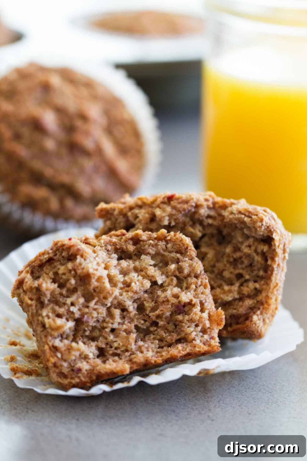 The moist and tender interior of a Whole Wheat Bran Muffin, showing off the whole grains and delicious texture.