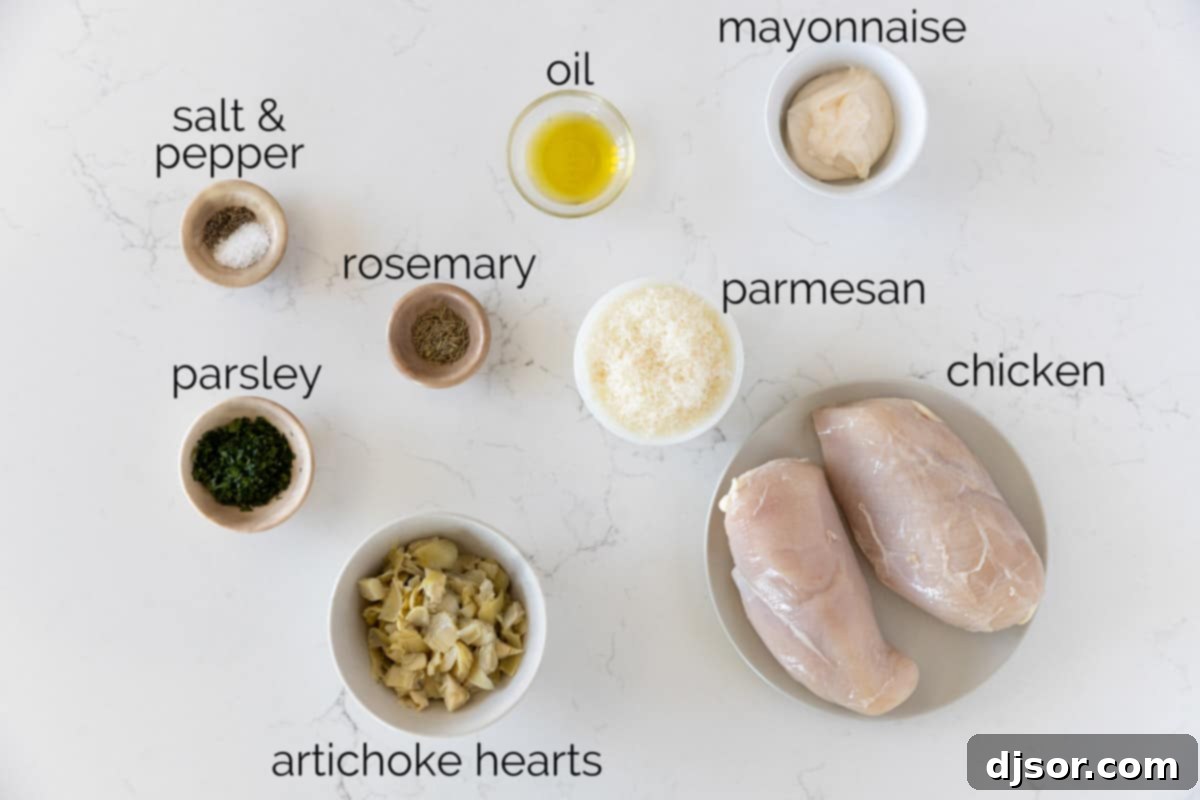 Creamy Lemon Artichoke Chicken 3 A selection of fresh ingredients laid out on a wooden cutting board, including boneless skinless chicken breasts, canned artichoke hearts, fresh parsley, mayonnaise, and a block of Parmesan cheese, ready to make Artichoke Chicken.