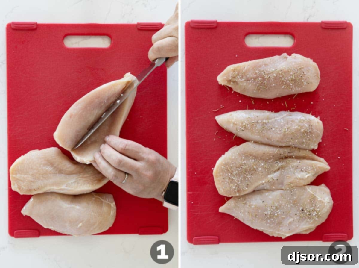 Creamy Lemon Artichoke Chicken 4 A pair of chicken breasts being carefully sliced in half horizontally with a sharp knife, creating thinner cutlets for faster and more even cooking in the Artichoke Chicken recipe.