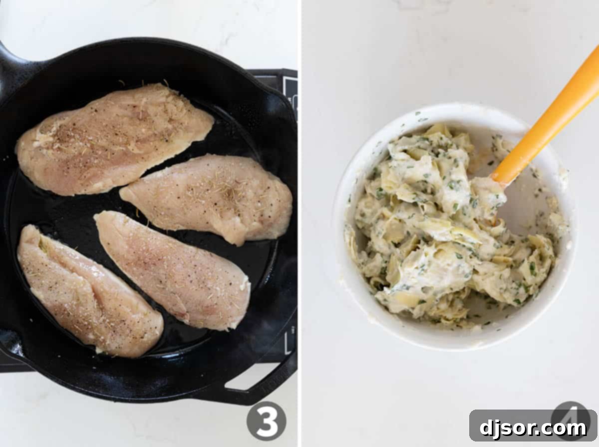 Creamy Lemon Artichoke Chicken 5 A cast iron skillet holds browned chicken cutlets, while a separate bowl contains the creamy artichoke topping mixture, ready to be spread over the chicken for the Artichoke Chicken recipe.