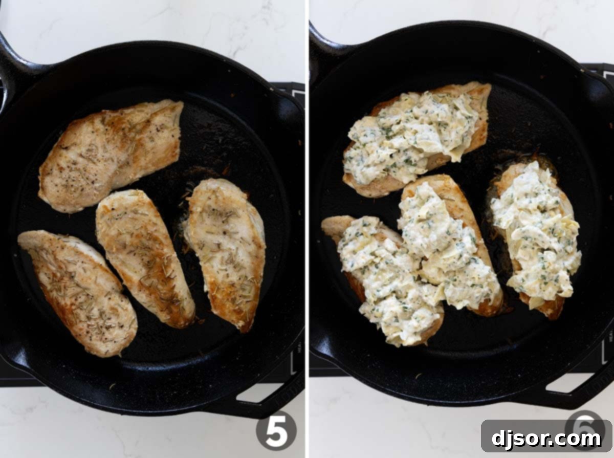 Creamy Lemon Artichoke Chicken 6 Chicken cutlets searing in a hot cast iron pan, showing golden-brown edges as they cook, a crucial step in preparing the Artichoke Chicken.