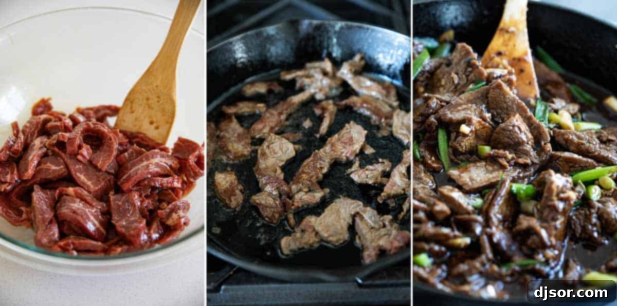 Four images showing the step-by-step process of making Mongolian beef: marinating beef, browning beef in a pan, cooking aromatics, and stirring in the sauce.