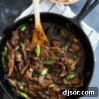 mongolian beef in a cast iron skillet