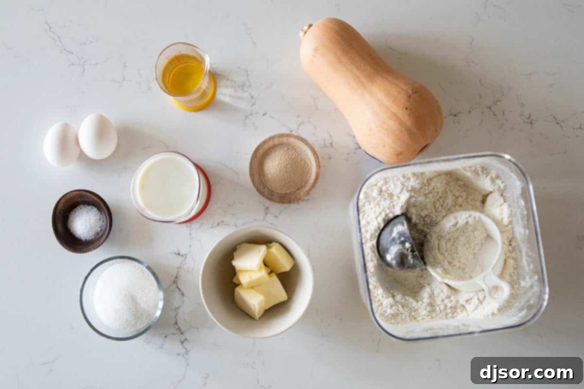 Ingredients laid out for making delicious homemade butternut squash bread.