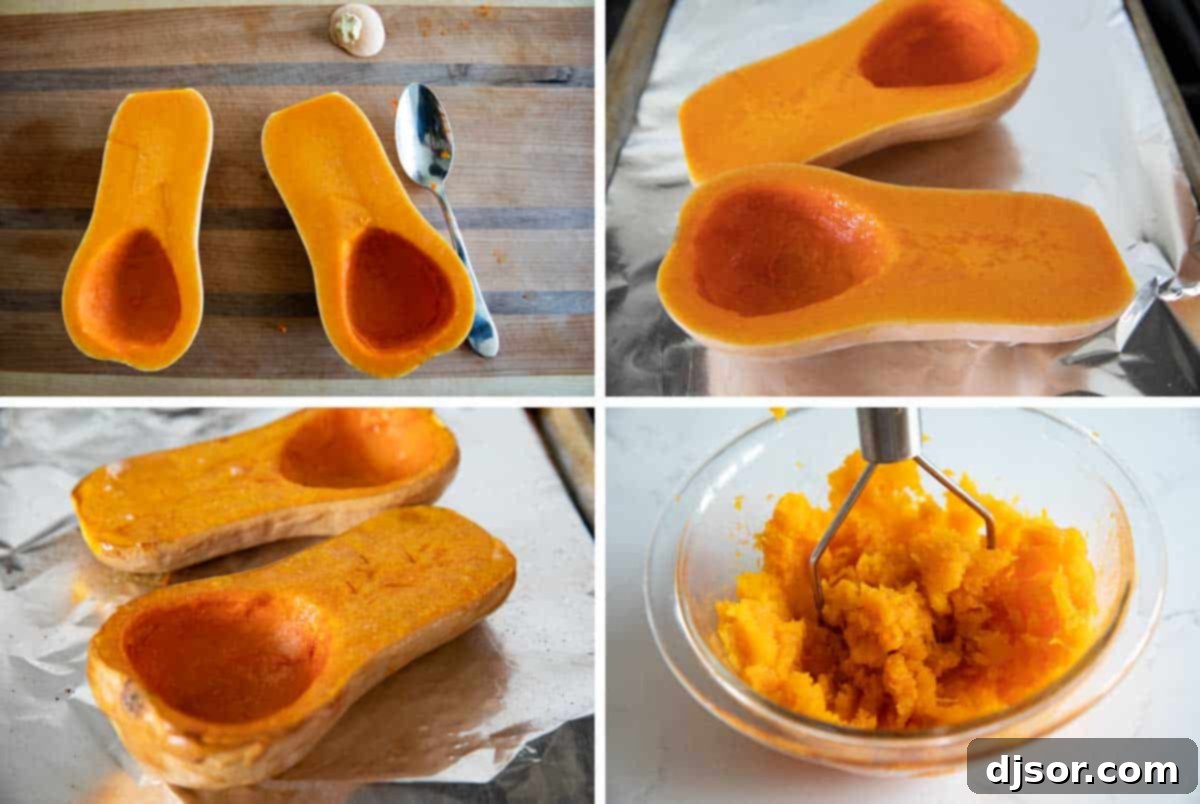 Step-by-step photos illustrating how to roast and mash butternut squash.