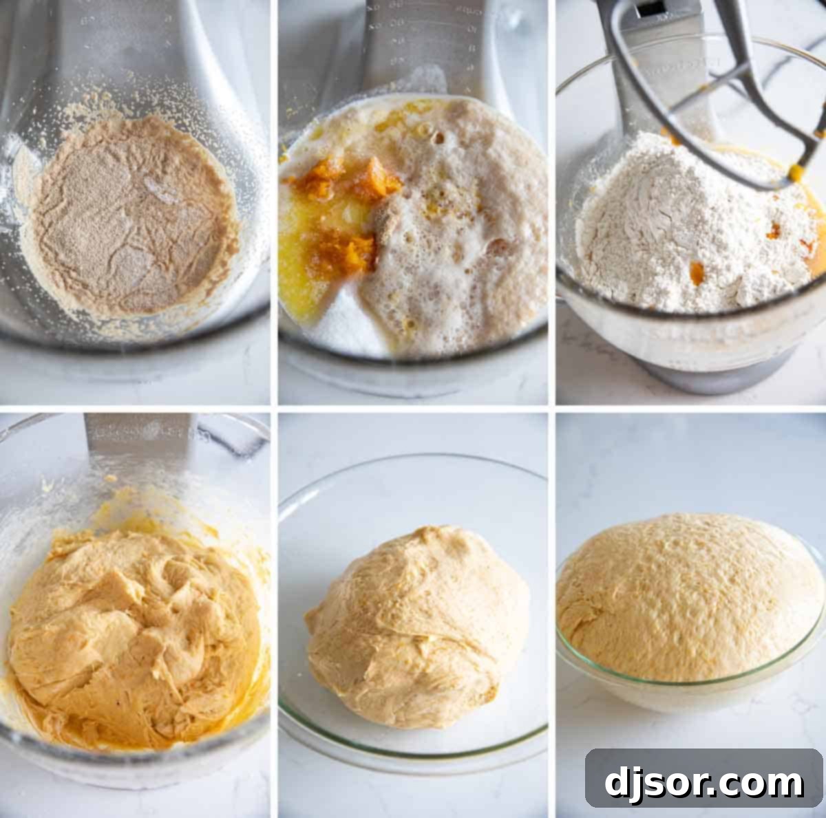 Images demonstrating the steps to prepare the dough for butternut squash bread.