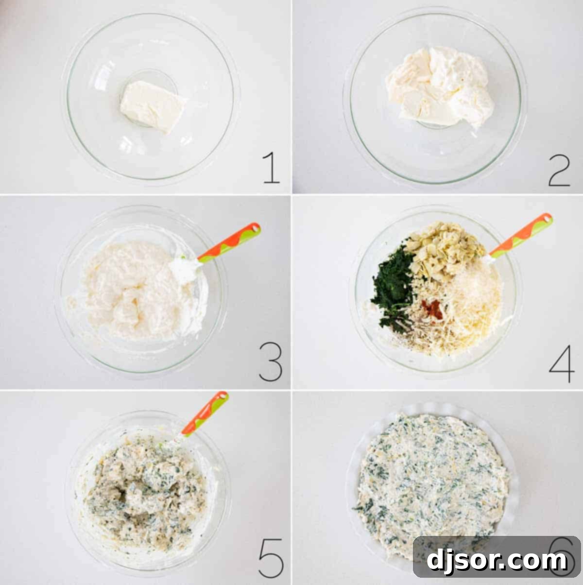 A step-by-step visual guide showing the process of making creamy spinach artichoke dip, from mixing to baking.