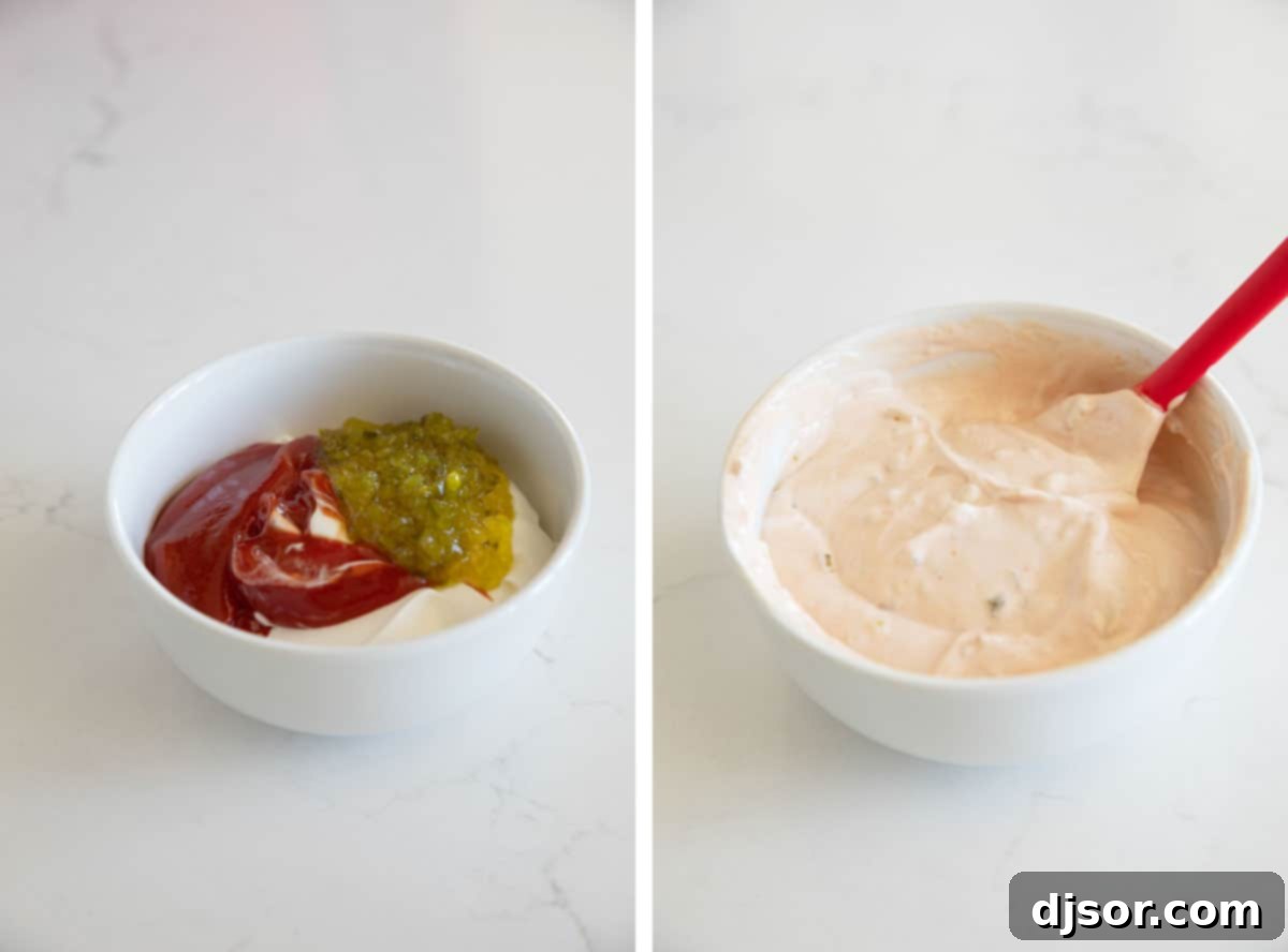 Cheeseburger Crunch Rolls 4 Step-by-step image of making the easy Russian dipping sauce for cheeseburger eggrolls, showing sour cream, ketchup, and relish being mixed in a bowl.