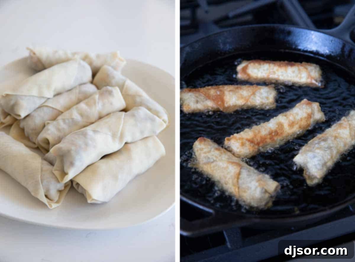 Cheeseburger Crunch Rolls 7 Image showing neatly wrapped cheeseburger eggrolls ready for frying, next to a skillet with several eggrolls frying in hot oil until golden brown.