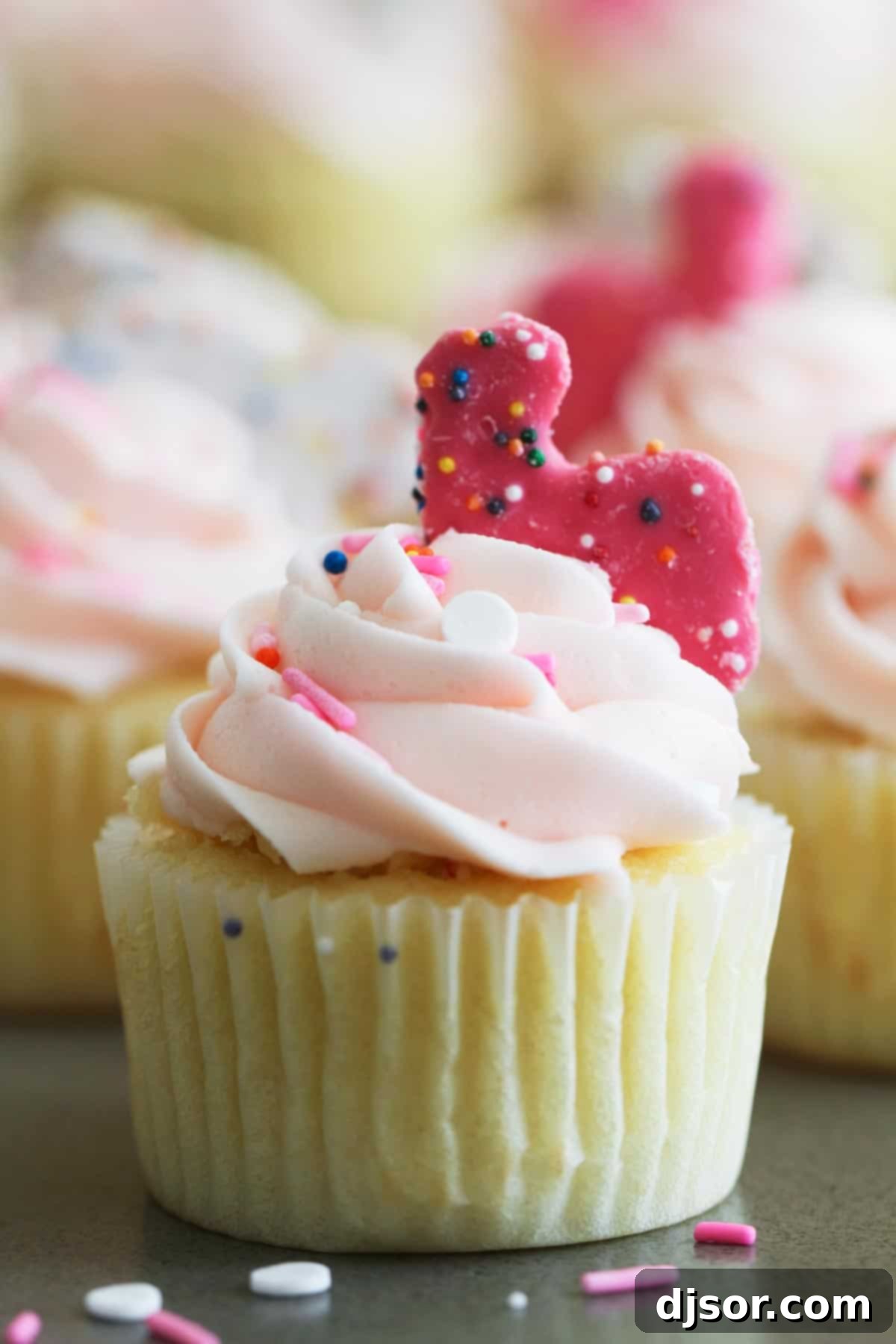 Detailed shot of a Circus Animal Cookie Cupcake. Close up view of a Circus Animal Cookie Cupcake revealing the creamy filling.