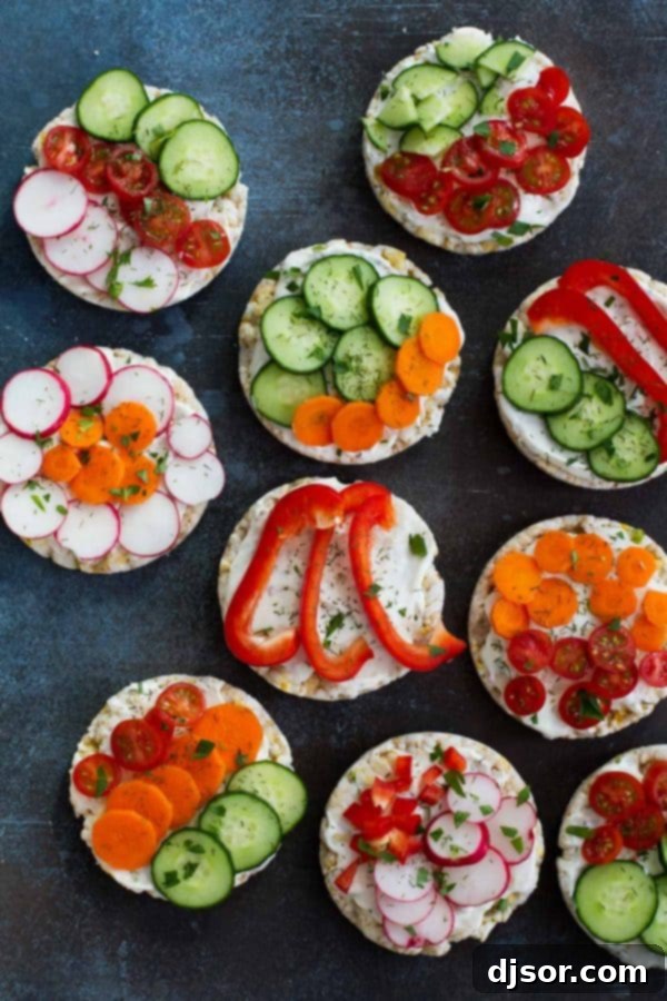 Ranch and Vegetable Topped Rice Cakes - easy snack ideas for mom