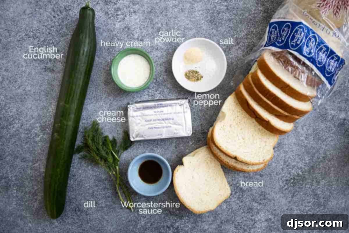 Fresh ingredients ready to be transformed into delicious cucumber finger sandwiches. ingredients for a cucumber sandwich recipe spread out on a counter