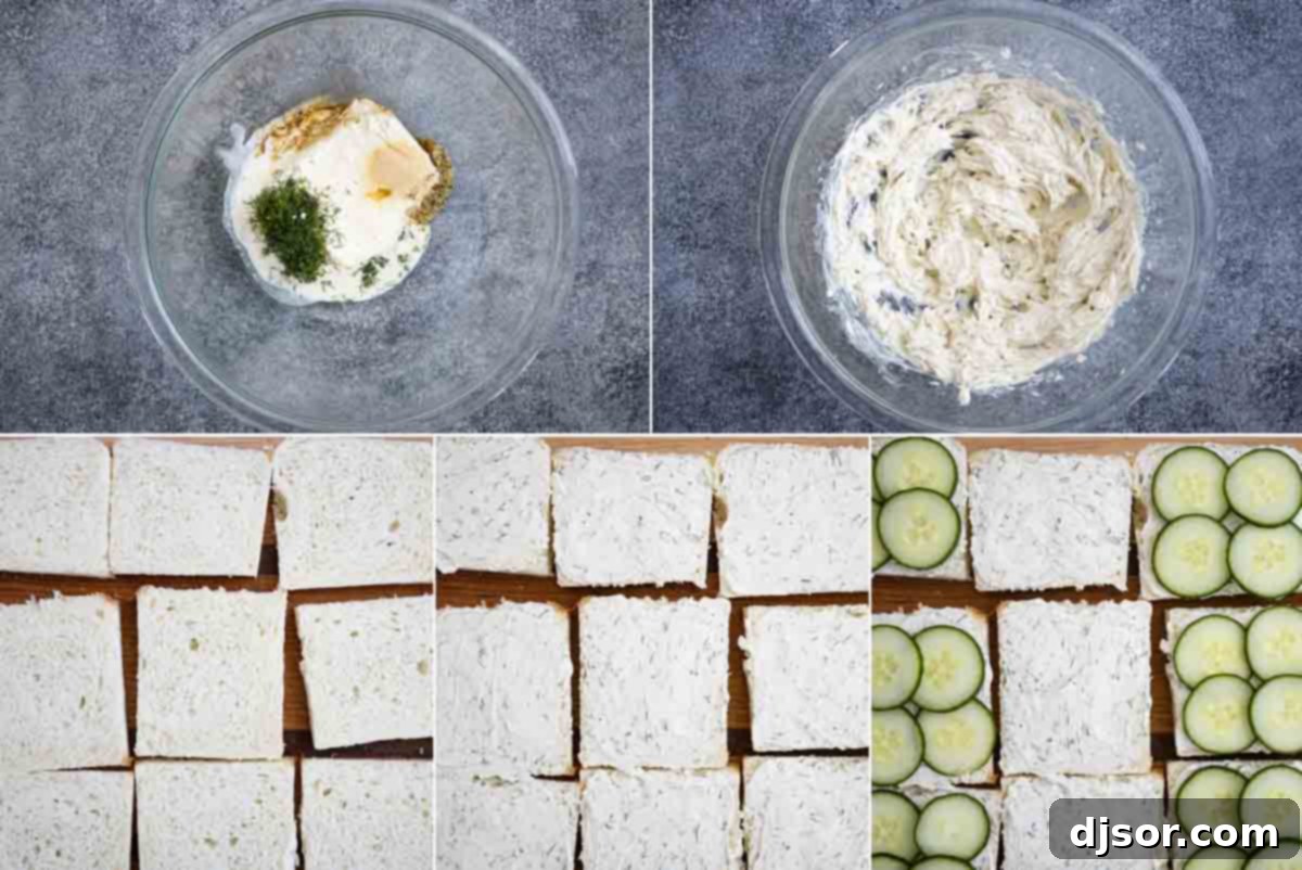 Collage showing the step-by-step process of making cucumber sandwiches: mixing the cream cheese spread, spreading it on bread, layering cucumbers, and finally cutting the sandwiches into triangles.