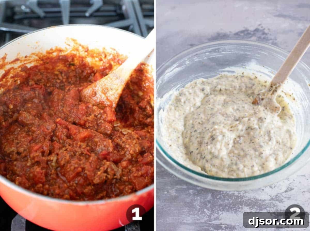 Making sauce and cheese mixture for lasagna.