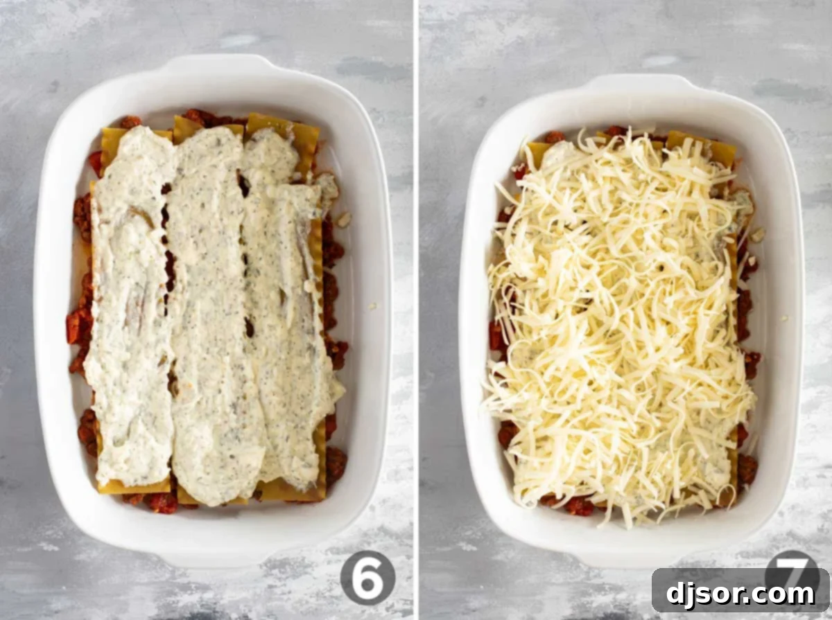 Layering ingredients for lasagna.