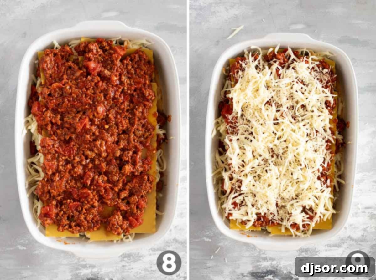Adding sauce and cheese to the top of lasagna.