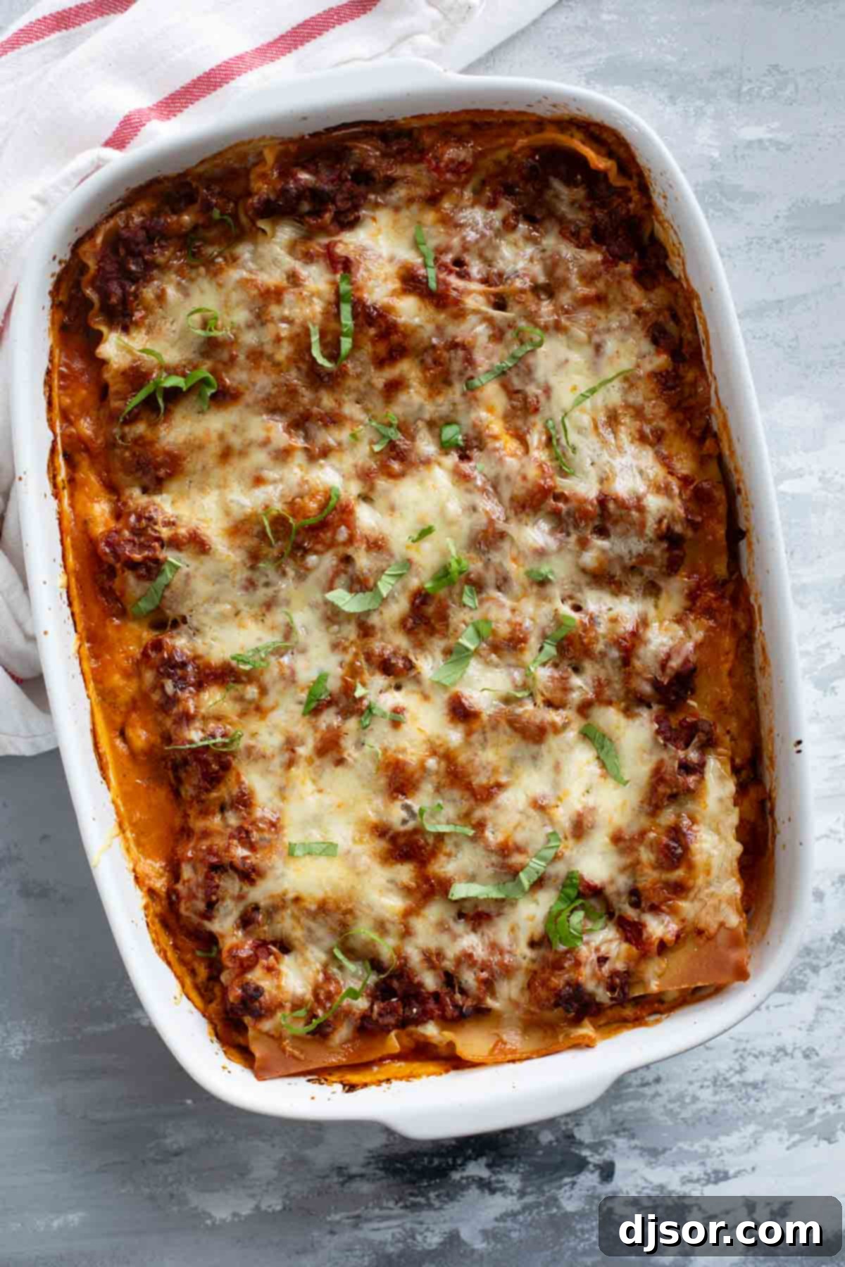 Casserole dish filled with lasagna.